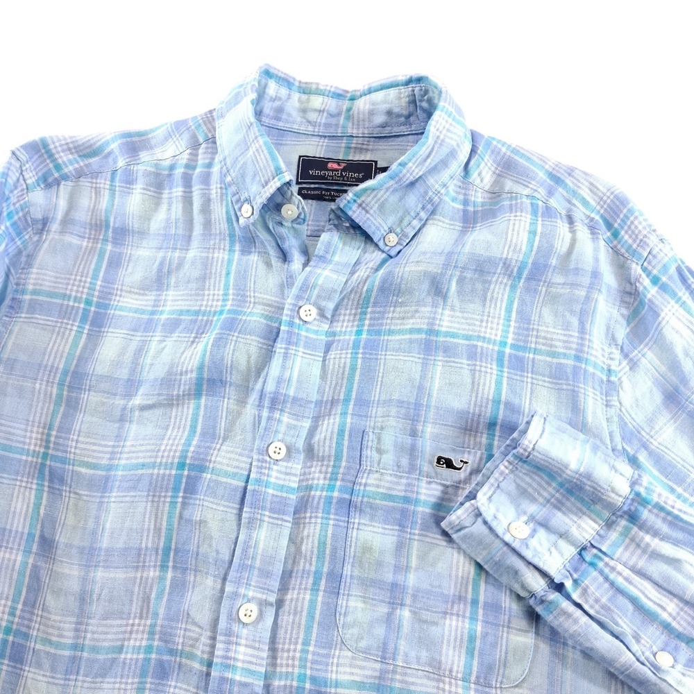 Vineyard Vines Button Shirt Medium Light Blue Plaid Classic Fit Tucker‎ Linen